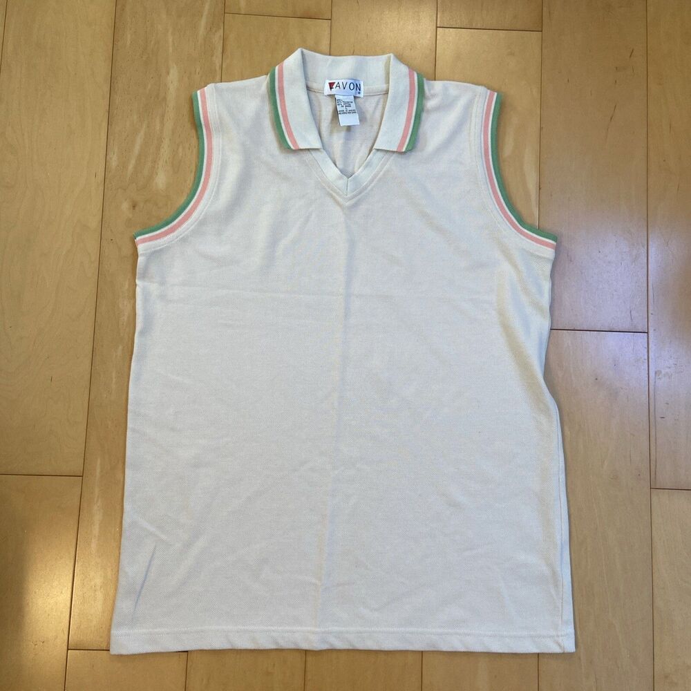 PREPPY Avon Ivory Pink Green Striped Sleeveless Collared Golf Shirt Women Size L
